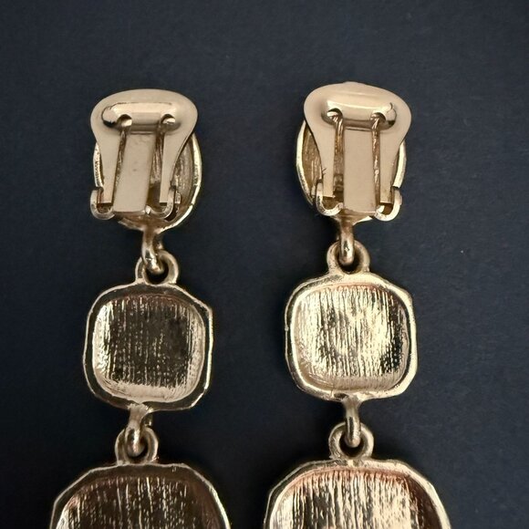 Kenneth Jay Lane Gold Plated Black Enamel Geometric Clip-On Dangle Earrings - Picture 4 of 7